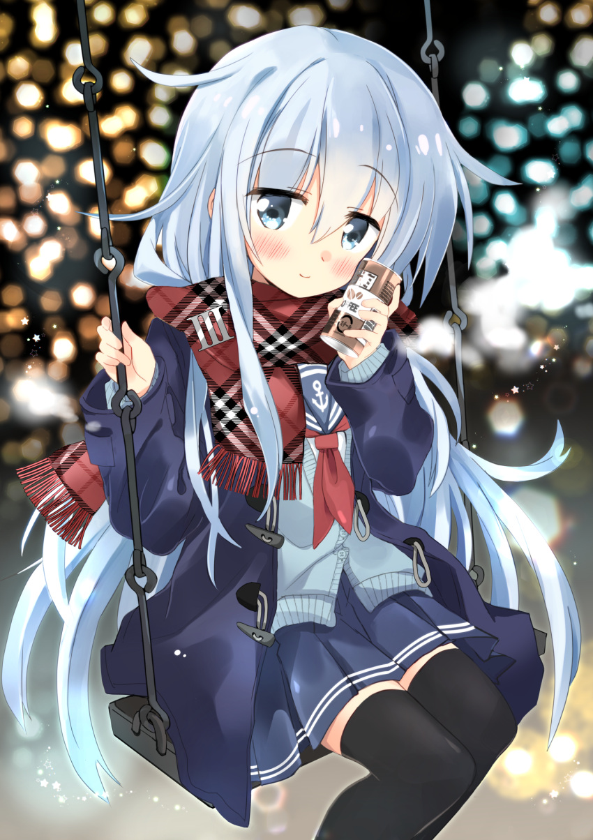 1girl anchor_symbol bangs black_legwear blue_cardigan blue_coat blue_eyes blue_hair blue_skirt blush can canned_coffee cardigan closed_mouth coat commentary_request eyebrows_visible_through_hair hair_between_eyes head_tilt hibiki_(kantai_collection) highres hizuki_yayoi holding holding_can kantai_collection long_hair long_sleeves looking_at_viewer neckerchief no_hat no_headwear open_clothes open_coat partially_unbuttoned pleated_skirt red_neckwear school_uniform serafuku shirt sitting skirt smile solo swing thigh-highs very_long_hair white_shirt winter_clothes winter_coat