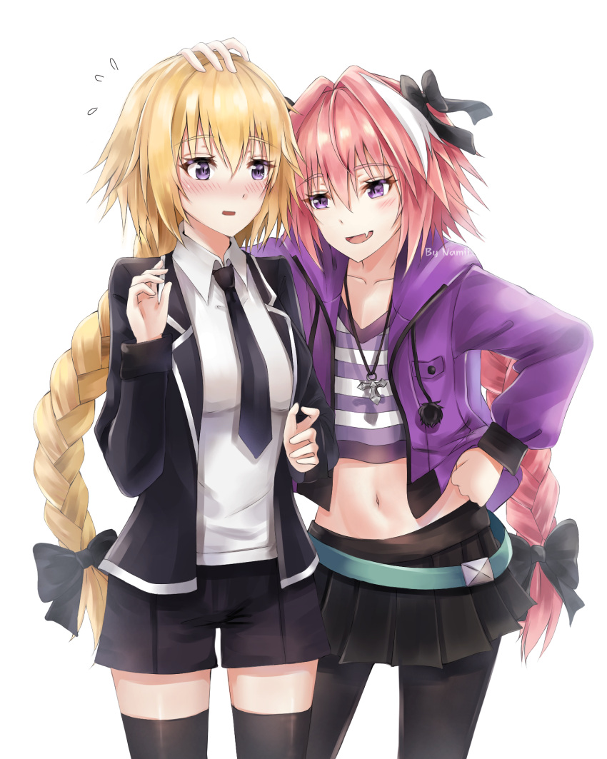 1boy 1girl alternate_costume androgynous black_bow black_ribbon blonde_hair blue_eyes bow braid casual contemporary fang fate/apocrypha fate/grand_order fate_(series) hair_intakes hair_ribbon highres hood hoodie jacket jeanne_d'arc_(fate) jeanne_d'arc_(fate)_(all) long_hair multicolored_hair namii open_mouth pink_hair ribbon rider_of_black single_braid skirt smile streaked_hair trap violet_eyes