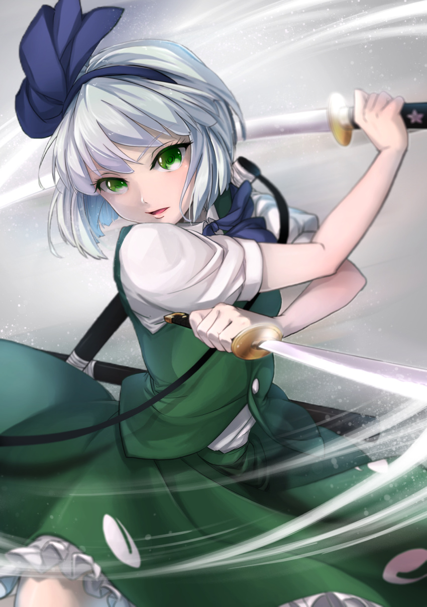 1girl black_hairband black_ribbon bon_(bonbon315) commentary_request green_eyes green_skirt green_vest hair_ribbon hairband highres holding holding_weapon katana konpaku_youmu looking_at_viewer parted_lips puffy_short_sleeves puffy_sleeves ribbon short_hair short_sleeves skirt sword touhou vest weapon white_hair