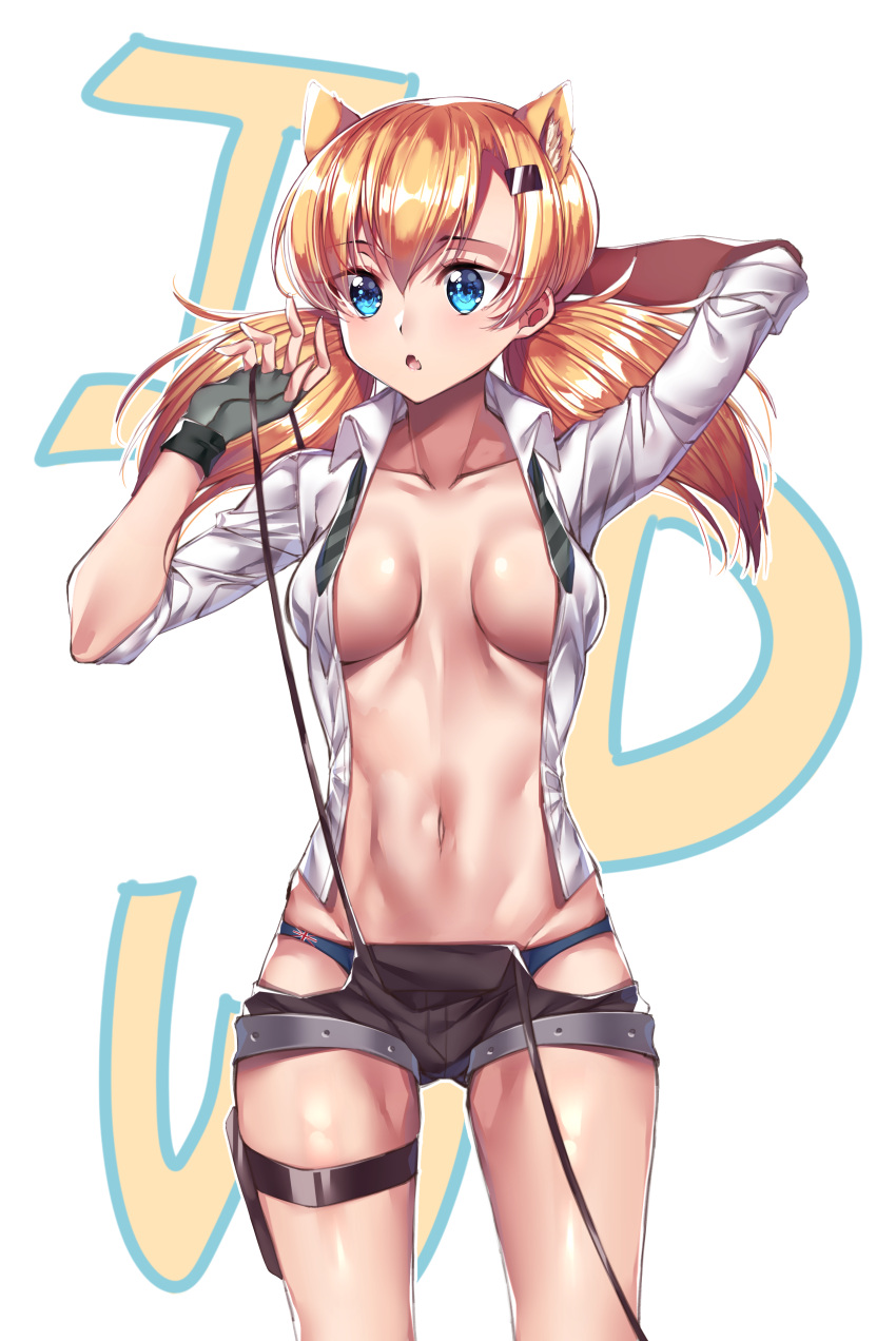 1girl absurdres animal_ears blonde_hair blue_eyes blue_panties breasts brown_shorts cat_ears cleavage collarbone cowboy_shot dress_shirt eyebrows_visible_through_hair fingerless_gloves gem_oblivion girls_frontline gloves green_neckwear grey_gloves groin hair_between_eyes hair_ornament hairclip hand_behind_head highres idw_(girls_frontline) long_hair looking_away medium_breasts midriff navel necktie open_clothes open_mouth open_shirt panties shiny shiny_skin shirt short_shorts shorts solo standing stomach striped_neckwear suspender_shorts suspenders twintails underwear white_background white_shirt