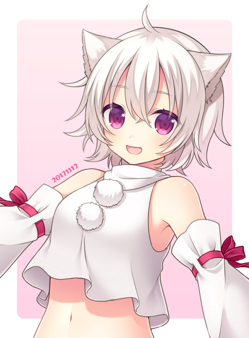 1girl ahoge animal_ears blush dated detached_sleeves dog_ears eyebrows_visible_through_hair highres inubashiri_momiji looking_at_viewer navel open_mouth short_hair smile solo touhou upper_body violet_eyes white_hair yamayu