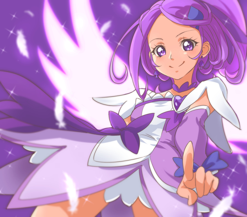 1girl arm_warmers bow chocokin choker closed_mouth cowboy_shot cure_sword dokidoki!_precure earrings feathers hair_ornament jewelry kenzaki_makoto looking_at_viewer magical_girl pointing precure purple purple_background purple_bow purple_hair purple_neckwear purple_skirt short_hair skirt smile solo spade_earrings spade_hair_ornament violet_eyes wings