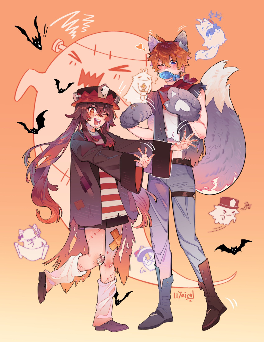 &gt;_&lt; 1boy 1girl :| ahoge alternate_costume animal_costume animal_ears artist_name asymmetrical_footwear bandages bandana bat boots brown_eyes brown_hair closed_mouth crossed_bandaids fish_in_mouth flower-shaped_pupils full_body genshin_impact ghost halloween highres holding holding_scroll hu_tao_(genshin_impact) liyrical long_hair long_sleeves looking_at_viewer loose_socks lower_teeth midriff one_eye_closed open_mouth orange_eyes orange_hair outstretched_arms red_scarf scarf scroll shirt short_hair socks standing stitched_arm stitched_face stitched_leg stitches striped striped_shirt symbol-shaped_pupils tail tartaglia_(genshin_impact) teeth thigh_strap torn_clothes two_side_up upper_teeth white_legwear wide_sleeves wolf_costume wolf_ears wolf_paws wolf_tail zombie_pose