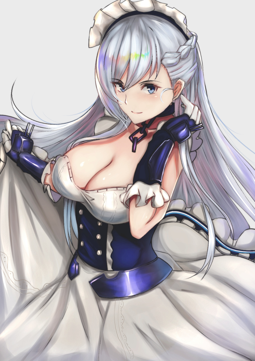 &gt;:) 1girl azur_lane belfast_(azur_lane) blue_eyes blush braid breasts chains cleavage closed_mouth collar collarbone cowboy_shot dress french_braid highres large_breasts long_hair looking_at_viewer maid maid_headdress silver_hair smile solo v-shaped_eyebrows yami_kyon_oov