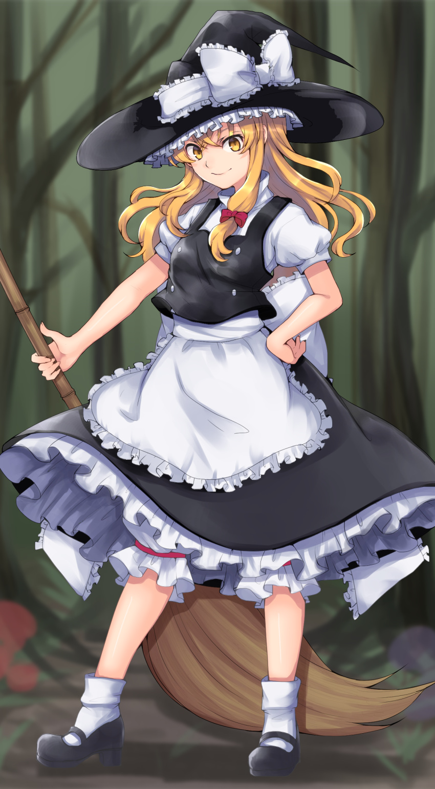 13_(spice!!) 1girl absurdres apron bangs black_footwear black_skirt blonde_hair bloomers blurry blurry_background bow broom closed_mouth full_body hair_between_eyes hair_bow hand_on_hip hat hat_bow highres holding kirisame_marisa long_hair looking_at_viewer mary_janes puffy_short_sleeves puffy_sleeves red_bow shoes short_sleeves sidelocks skirt skirt_set socks solo standing touhou underwear waist_apron white_apron white_bow white_legwear witch_hat yellow_eyes