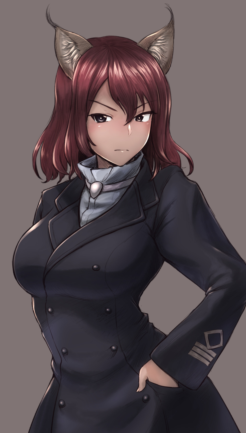 1girl adriana_visconti brown_background brown_eyes caracal_ears commentary hand_in_pocket highres liar_lawyer looking_at_viewer redhead short_hair simple_background solo trench_coat world_witches_series