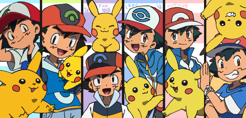 6+boys baseball_cap celebration column_lineup hat male_focus multiple_boys multiple_persona pikachu pokemon pokemon_(anime) pokemon_(creature) pokemon_sm_(anime) pokemon_xy_(anime) satoshi_(pokemon) shirt smile striped striped_shirt ukata vest whisker_markings z-ring