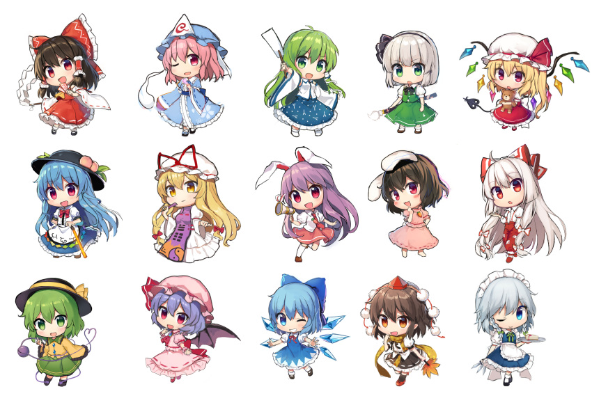 &gt;:d &gt;:o 6+girls :3 ;d ahoge alternate_eye_color animal_ears arm_up ascot bat_wings blonde_hair blue_dress blue_eyes blue_hair blush bow braid brown_eyes brown_hair butterfly carrot carrot_necklace cheesecake chibi cirno closed_eyes collared_shirt commentary_request detached_sleeves detached_wings dress dress_shirt fan finger_to_mouth flandre_scarlet folding_fan food fruit fujiwara_no_mokou full_body gohei green_eyes green_hair grin hair_between_eyes hair_bow hair_ornament hair_ribbon hair_tubes hairband hakurei_reimu hat head_tilt heart heart_of_string highres hinanawi_tenshi hitodama holding holding_knife holding_to_chest ice ice_wings inaba_tewi izayoi_sakuya jewelry juliet_sleeves knife kochiya_sanae komeiji_koishi konpaku_youmu laevatein lavender_hair legs_crossed long_hair long_sleeves looking_at_viewer maid maid_headdress megaphone mob_cap multiple_girls necklace nontraditional_miko ofuda one_eye_closed open_mouth outstretched_hand pants peach pink_eyes pink_hair puffy_short_sleeves puffy_sleeves purple_hair rabbit_ears red_eyes reisen_udongein_inaba remilia_scarlet ribbon saigyouji_yuyuko scabbard scarf shameimaru_aya sheath shirt short_hair short_sleeves side_ponytail sidelocks silver_hair simple_background sketch skirt skirt_set slit_pupils smile snake_hair_ornament standing standing_on_one_leg stuffed_animal stuffed_toy sun_hat suspenders sword sword_of_hisou tabard teddy_bear third_eye tokin_hat touhou tray tress_ribbon triangular_headpiece twin_braids very_long_hair watson_cross weapon white_background white_dress wide_sleeves wings yada_(xxxadaman) yakumo_yukari