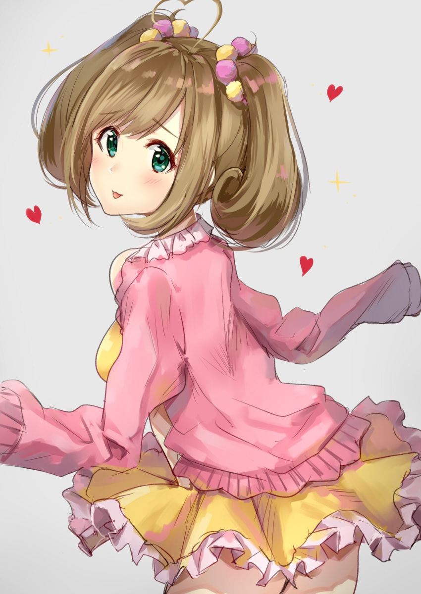 1girl ahoge bangs blush cardigan commentary_request dress green_eyes grey_background heart heart_ahoge highres idolmaster idolmaster_cinderella_girls light_brown_hair long_hair looking_at_viewer looking_to_the_side open_cardigan open_clothes pink_sweater satou_shin scrunchie simple_background smile solo sparkle sweater takeashiro thighs tongue tongue_out twintails white_background yellow_dress