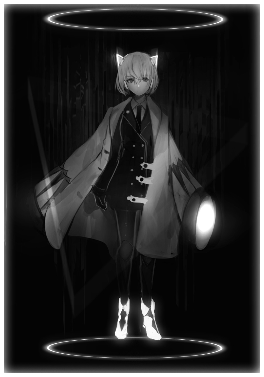 1girl absurdres animal_ears fake_animal_ears full_body halo headgear highres jacket jacket_on_shoulders looking_at_viewer monochrome necktie original oversized_clothes short_hair solo tarbo_(exxxpiation)