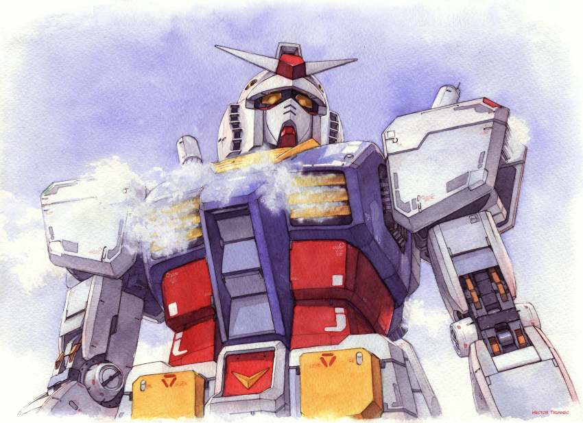 absurdres commentary gundam hector_trunnec highres mecha mobile_suit_gundam no_humans rx-78-2 traditional_media watercolor_(medium)