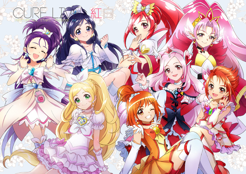 6+girls :d ahoge akagi_towa bike_shorts black_bow black_hair black_neckwear blonde_hair boots bow braid brooch choker closed_mouth color_connection cure_ace cure_egret cure_passion cure_rhythm cure_rouge cure_scarlet cure_sunny cure_white dokidoki!_precure dress earrings everyone fresh_precure! frilled_skirt frills futari_wa_precure futari_wa_precure_splash_star go!_princess_precure green_eyes grin hair_bow hair_bun hair_ornament half_updo head_wings heart_hair_ornament higashi_setsuna hino_akane_(smile_precure!) hoshi_(xingspresent) jewelry long_hair looking_at_viewer madoka_aguri magical_girl minamino_kanade mishou_mai multiple_girls natsuki_rin one_eye_closed open_mouth orange_bow orange_eyes orange_hair orange_neckwear orange_skirt pink_hair pink_shorts pointy_ears ponytail precure precure_all_stars purple_hair red_dress red_eyes red_footwear red_shorts redhead shoes short_hair shorts skirt smile smile_precure! suite_precure thigh-highs thigh_boots tiara violet_eyes white_bow white_footwear white_neckwear white_skirt yes!_precure_5 yukishiro_honoka