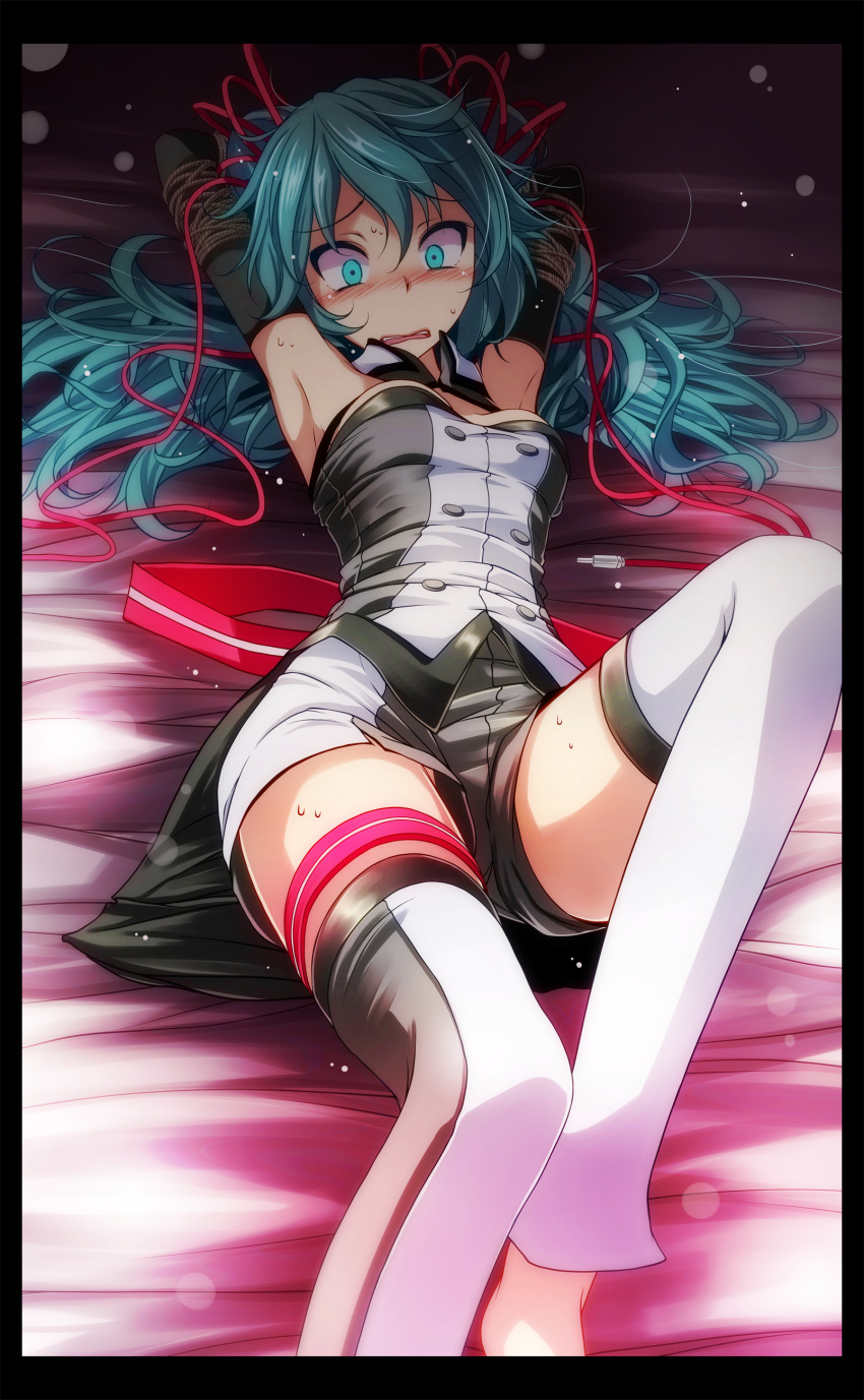 1girl absurdres armpits arms_behind_head bare_shoulders bdsm bed_sheet black_border blue_eyes blue_hair blush bondage border bound bound_arms breasts cable detached_collar detached_sleeves double-breasted eyebrows_visible_through_hair foreshortening hatsune_miku highres index_finger_raised knee_up light_particles long_hair lying nijigen_dream_fever_(vocaloid) nose_blush on_back open_mouth project_diva_(series) restrained rope shorts small_breasts solo strapless sweat thigh-highs thigh_strap toeless_legwear tsukishiro_saika twintails very_long_hair vocaloid white_legwear wide-eyed