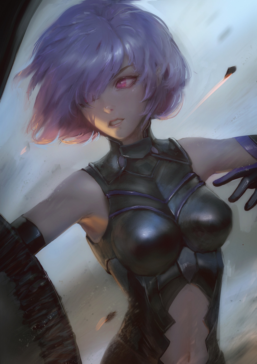 1girl absurdres armor armored_dress center_opening clenched_teeth elbow_gloves fate/grand_order fate_(series) gloves hair_over_one_eye highres motion_blur navel purple_hair raikoart shield shielder_(fate/grand_order) short_hair solo teeth violet_eyes