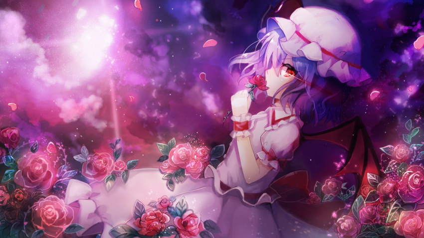 1girl blue_hair commentary_request flower from_side hat highres holding holding_flower kohaku_muro looking_at_viewer mob_cap puffy_short_sleeves puffy_sleeves red_eyes remilia_scarlet rose short_hair short_sleeves solo touhou wings wrist_cuffs