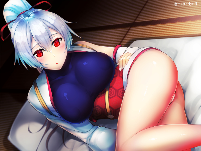 1girl ass bodysuit breasts commentary_request detached_sleeves fate/grand_order fate_(series) futon hair_between_eyes hair_ribbon hand_on_hip japanese_clothes large_breasts long_hair looking_at_viewer lying mattari_yufi obi on_side panties pantyshot pantyshot_(lying) parted_lips ponytail red_eyes ribbon sash solo thighs tomoe_gozen_(fate/grand_order) underwear wide_sleeves