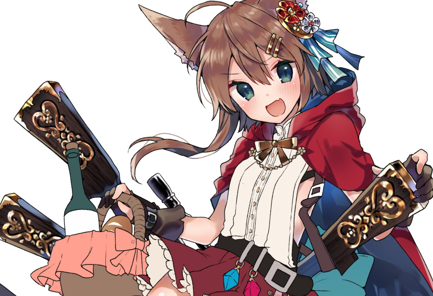 1girl :d animal_ears bangs basket belt blue_ribbon blush bottle bread brown_hair cape eyebrows_visible_through_hair fang food green_eyes hair_between_eyes hair_ornament hair_ribbon hairclip highres hood hood_down ikeuchi_tanuma long_hair looking_at_viewer open_mouth pleated_skirt red_cape red_skirt ribbon shirt simple_background skirt smile solo white_background white_shirt wolf_ears