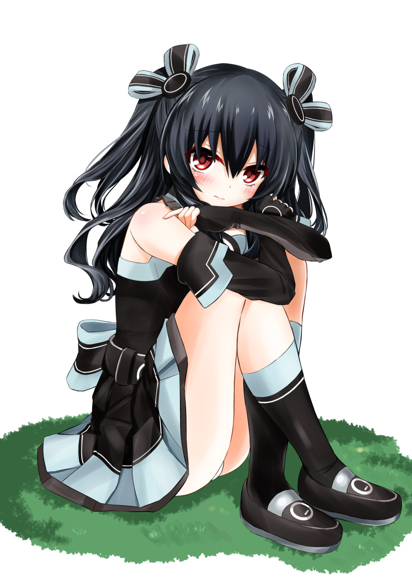 1girl absurdres bangs bare_legs bare_shoulders belt black_dress black_footwear black_gloves black_hair blush boots closed_mouth crossed_arms dress elbow_gloves ex_idol eyebrows_visible_through_hair fingerless_gloves full_body gloves grass hair_ribbon highres knee_boots kneehighs knees_up looking_at_viewer neptune_(series) on_ground panties pantyshot pantyshot_(sitting) red_eyes revision ribbon ribbon-trimmed_dress shoes simple_background sitting sitting_on_ground sleeveless sleeveless_dress solo thighs two_side_up underwear uni_(choujigen_game_neptune) upskirt white_background white_panties