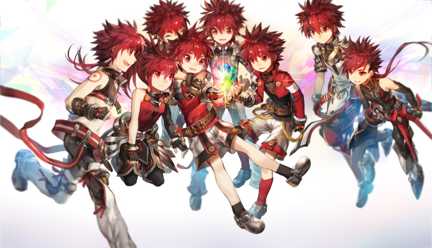 6+boys armor belt black_hair closed_eyes earrings elsword elsword_(character) gem gloves highres infinity_sword_(elsword) jacket jewelry knight_(elsword) light_rays long_hair lord_knight_(elsword) magic_knight_(elsword) multicolored_hair multiple_boys multiple_persona necklace ponytail red_eyes redhead rune_slayer_(elsword) scorpion5050 sheath_knight_(elsword) short_hair shorts sidelocks simple_background smile sword_knight_(elsword) tattoo tearing_up two-tone_hair