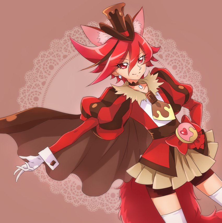 1girl animal_ears bangs bike_shorts bow brown_background brown_cape brown_hair brown_hat brown_neckwear brown_shorts brown_skirt cape chocokin choker closed_mouth cowboy_shot cure_chocolat dog_ears dog_tail earrings extra_ears gloves hat jewelry juliet_sleeves kenjou_akira kirakira_precure_a_la_mode long_sleeves looking_at_viewer magical_girl multicolored_hair necktie pleated_skirt precure puffy_sleeves red_bow red_eyes redhead short_hair shorts simple_background skirt smile solo streaked_hair swept_bangs tail thigh-highs top_hat two-tone_hair white_gloves white_legwear