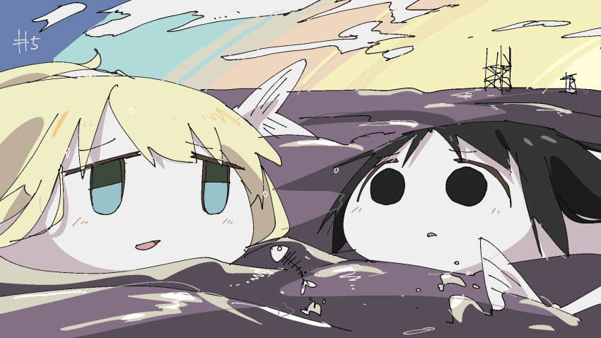 2girls :d animal animalization black_eyes black_hair blonde_hair blue_eyes blush chito_(shoujo_shuumatsu_ryokou) clouds cloudy_sky day episode_number eyebrows_visible_through_hair fins fish fish_bone frown highres multiple_girls ocean oekaki open_mouth oversized_animal shoujo_shuumatsu_ryokou sky smile sun tsukumizu_yuu yuuri_(shoujo_shuumatsu_ryokou)