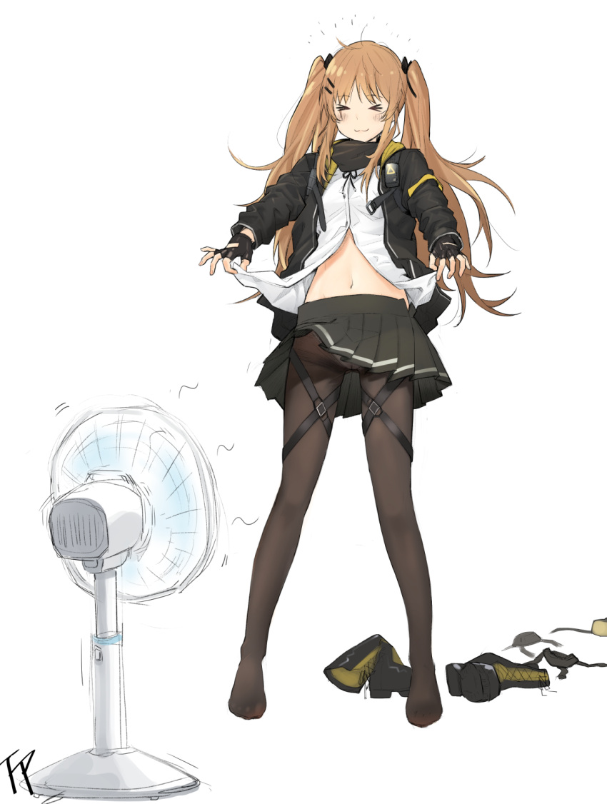 &gt;_&lt; 1girl :3 black_gloves black_jacket black_legwear blush boots_removed brown_hair closed_eyes closed_mouth electric_fan eyebrows_visible_through_hair facing_viewer fingerless_gloves fpanda girls_frontline gloves hair_ornament hairclip highres jacket leg_belt long_hair long_sleeves navel no_shoes pantyhose shirt shirt_lift signature simple_background smile solo standing twintails ump9_(girls_frontline) white_background white_shirt