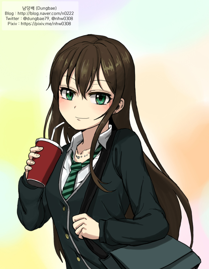 1girl artist_name bag banned_artist blush brown_hair diagonal_stripes dungbae earrings green_eyes green_neckwear hair_between_eyes highres idolmaster idolmaster_cinderella_girls jewelry long_hair looking_at_viewer necklace necktie school_bag school_uniform shibuya_rin smile upper_body very_long_hair watermark web_address