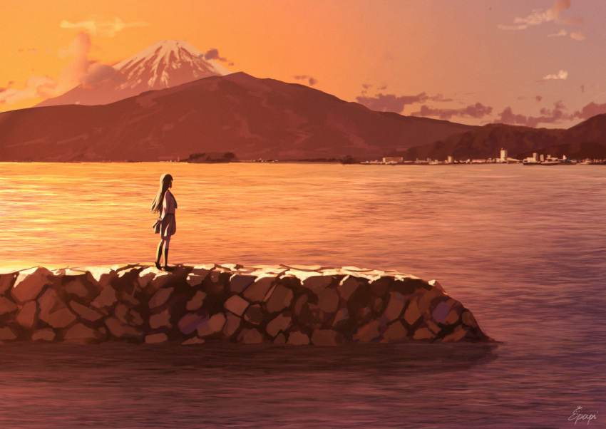 1girl arms_behind_back black_hair black_legwear clouds commentary_request kneehighs kurosawa_dia long_hair looking_afar looking_away love_live! love_live!_sunshine!! mount_fuji mountain ocean outdoors papi_(papiron100) pleated_skirt scenery shore signature skirt solo standing sunset uranohoshi_school_uniform walking water