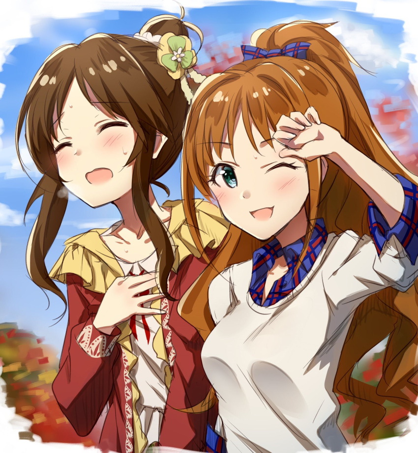 2girls autumn bangs blue_bow blue_shirt blue_sky blush bow brown_hair closed_eyes collarbone commentary_request day flower frills green_eyes hair_bow hair_bun hair_flower hair_ornament hand_on_own_chest hand_to_forehead hand_up high_ponytail highres hino_akane_(idolmaster) idolmaster idolmaster_cinderella_girls multiple_girls one_eye_closed open_mouth orange_hair outdoors parted_bangs plaid plaid_bow plaid_shirt ponytail red_sweater scrunchie shirt sidelocks sky smile sweat sweater takamori_aiko takeashiro wavy_hair white_shirt white_sweater