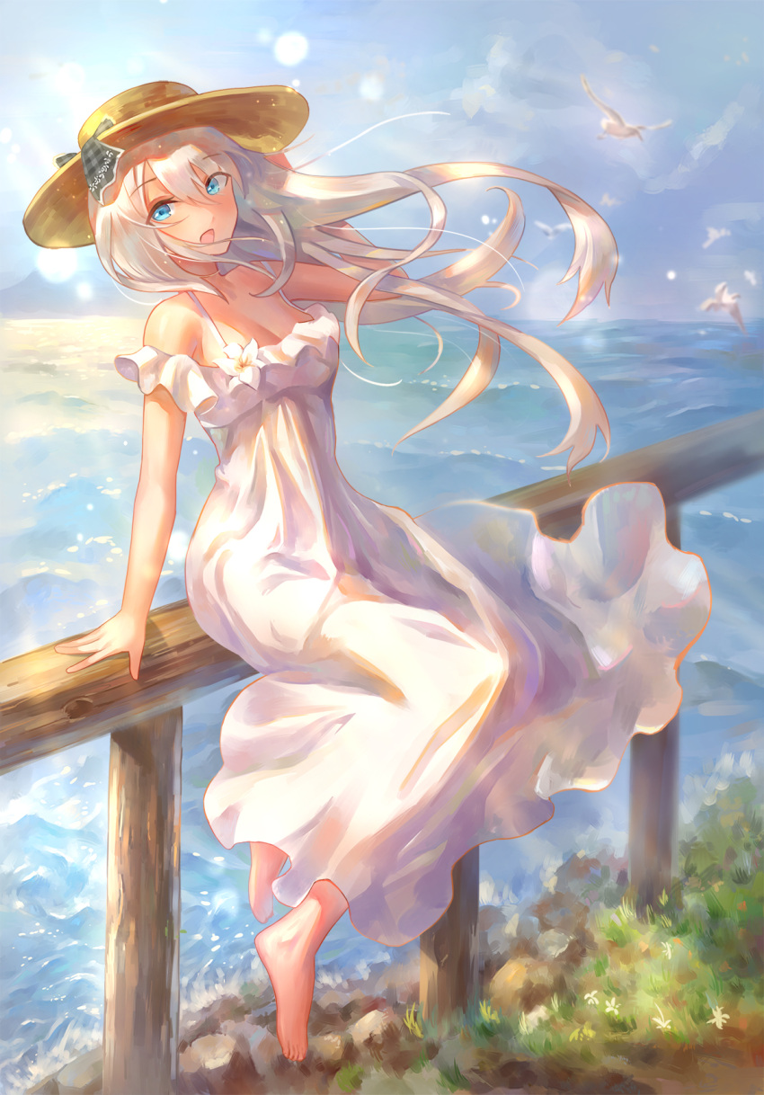 1girl barefoot bird blue_eyes breasts cleavage commentary_request dress eyebrows_visible_through_hair fate/grand_order fate_(series) full_body hat highres light_particles long_hair looking_at_viewer marie_antoinette_(fate/grand_order) marie_antoinette_(swimsuit_caster)_(fate) medium_breasts ocean open_mouth seagull silver_hair sitting sky solo sundress water wind yahiro_(666131415)