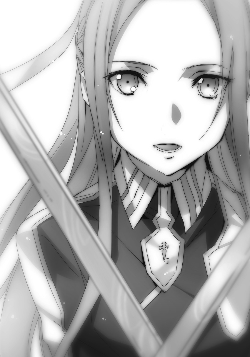 1girl abec greyscale highres holding holding_sword holding_weapon long_hair looking_at_viewer monochrome novel_illustration official_art open_mouth solo sortiliena_serlut sword sword_art_online upper_body weapon