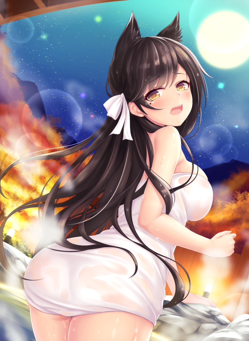 1girl absurdres animal_ears atago_(azur_lane) azur_lane black_hair breasts brown_eyes commentary_request eyebrows_visible_through_hair from_behind full_moon hair_ribbon highres large_breasts lens_flare long_hair looking_at_viewer looking_back mole mole_under_eye moon naked_towel number onsen open_mouth ribbon solo steam tiphereth towel white_ribbon