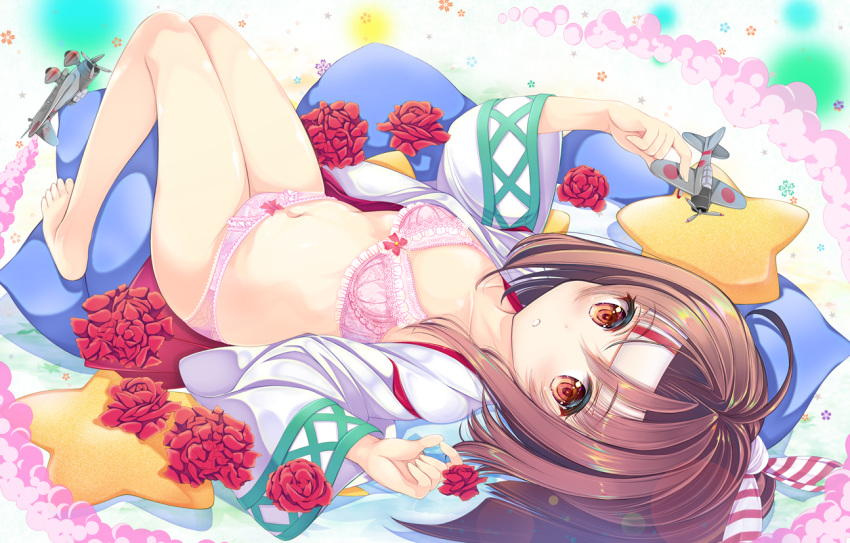 1girl :o aircraft airplane bare_legs barefoot blush bow bow_bra bow_panties bra breasts brown_eyes brown_hair commentary_request headband high_ponytail japanese_clothes kantai_collection kimono long_hair long_sleeves looking_at_viewer lying medium_breasts navel on_back open_clothes open_kimono panties parted_lips pillow pink_bra pink_panties ponytail solo star_pillow tenmu_shinryuusai underwear white_kimono wide_sleeves zuihou_(kantai_collection)