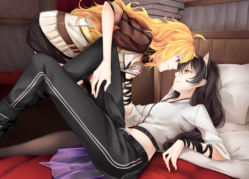 2girls ahoge bed black_hair blake_belladonna blonde_hair book bunk_bed clothes_grab eye_contact hand_on_another's_thigh inu0831 long_hair looking_at_another lying multiple_girls necktie on_back pants rwby shirt_grab smile thigh-highs violet_eyes waist_cape yang_xiao_long yellow_eyes yuri