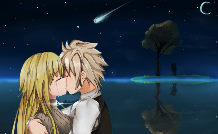 1boy ahoge bangs blonde_hair blush brown_hair closed_eyes comet couple crying eyebrows_visible_through_hair face-to-face fate/apocrypha fate_(series) from_side hawaichung hetero hug jeanne_d'arc_(fate) jeanne_d'arc_(fate)_(all) kiss long_hair looking_at_another moon night night_sky ocean shirt short_hair sieg_(fate/apocrypha) sky sleeveless sleeveless_shirt star_(sky) starry_moon starry_sky tree very_long_hair waistcoat white_shirt