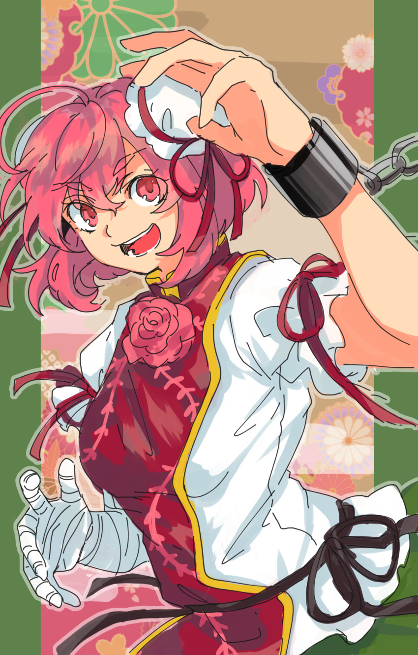 13_(spice!!) 1girl arm_up bandage bandaged_arm bangs bun_cover chains cuffs eyebrows_visible_through_hair flower hair_between_eyes highres ibaraki_kasen looking_at_viewer open_mouth pink_eyes pink_hair rose shackles short_hair short_sleeves solo tabard touhou upper_body