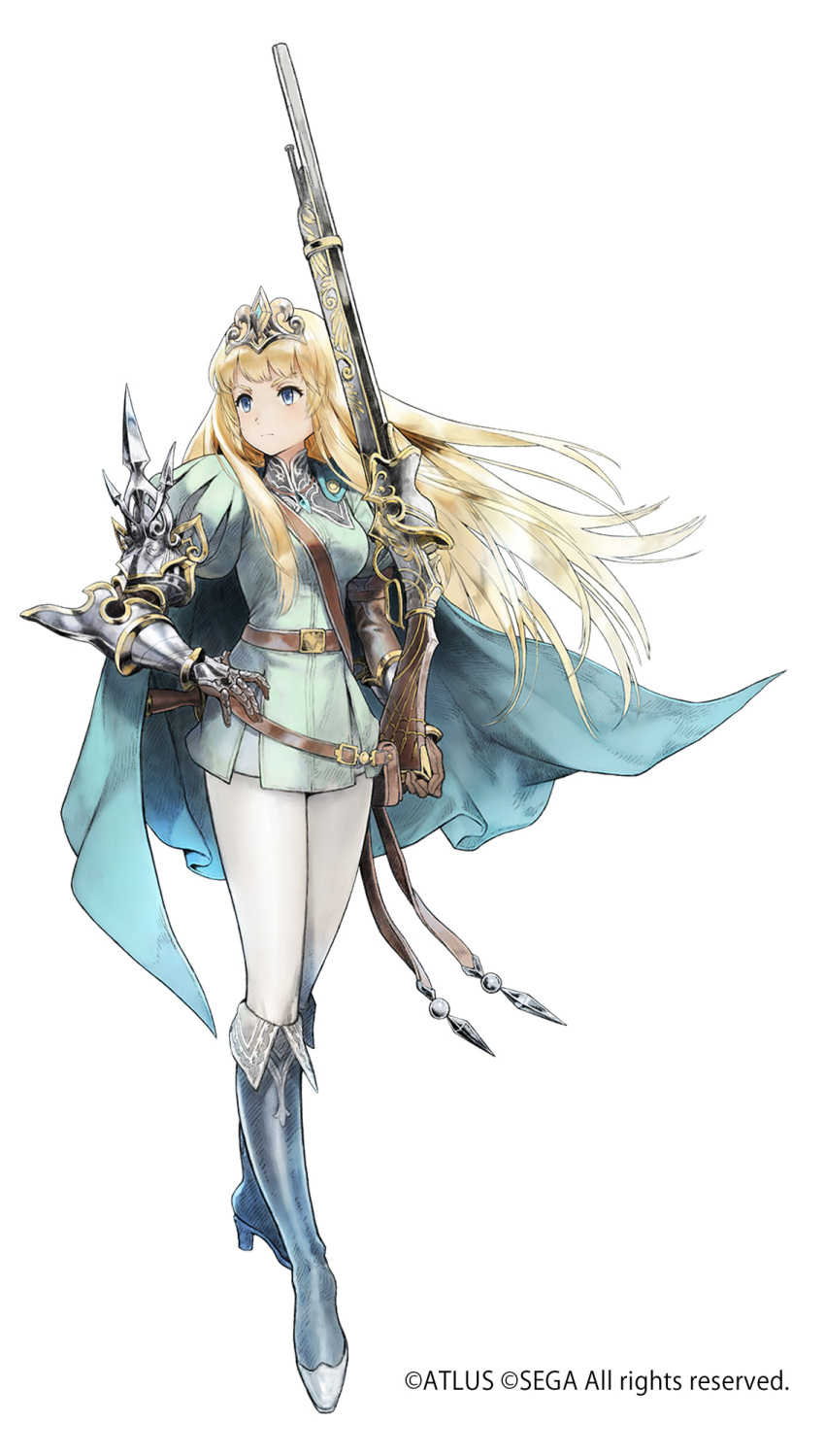 1girl blonde_hair blue_eyes blue_footwear boots diadem floating_hair full_body gauntlets gun hand_on_hip high_heel_boots high_heels highres holding holding_gun holding_weapon knee_boots long_hair official_art pants radiant_historia rifle simple_background solo standing very_long_hair weapon white_background white_pants