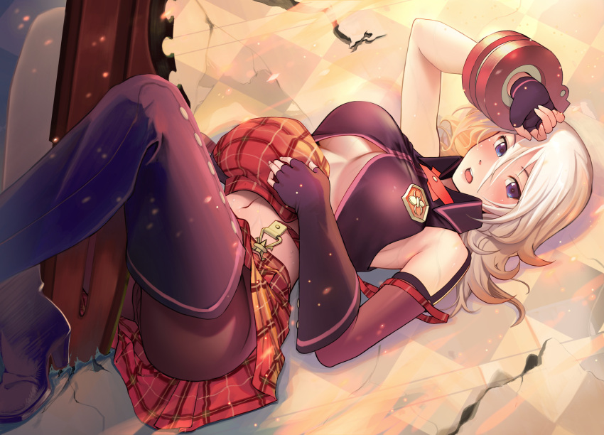 1girl alisa_ilinichina_amiella arm_up bare_shoulders between_legs black_footwear black_gloves black_legwear blonde_hair blue_eyes blush boots breasts cabbie_hat checkered checkered_floor cracked_floor crop_top elbow_gloves fingerless_gloves gloves god_eater hair_between_eyes hand_on_forehead hat hat_removed headwear_removed highres large_breasts legs_up long_hair lying navel on_back on_floor open_mouth oretoreon panties panties_under_pantyhose pantyhose pantyshot pantyshot_(lying) plaid plaid_hat plaid_skirt planted_sword planted_weapon red_hat red_skirt round_teeth single_elbow_glove skirt sleeveless solo suspender_skirt suspenders suspenders_slip sword teeth thigh-highs thigh_boots under_boob underwear upskirt weapon