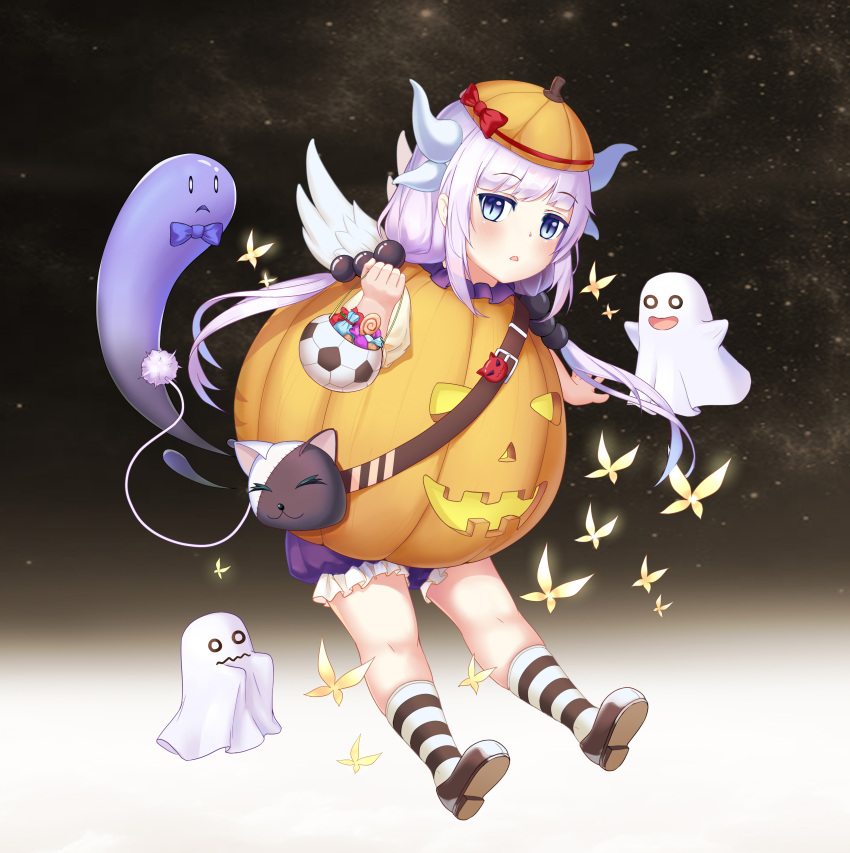 0_0 1girl :3 absurdres bag blue_eyes bow bowtie butterfly candy d: dragon_girl dragon_horns dragon_tail eyebrows_visible_through_hair food ghost hair_bobbles hair_ornament halloween handbag hat highres horns jack-o'-lantern kanna_kamui kobayashi-san_chi_no_maidragon lavender_hair lollipop long_hair looking_at_viewer low_twintails muji_(majunduo) o_o open_mouth pumpkin_costume solo striped striped_legwear tail trick_or_treat twintails wavy_mouth wings