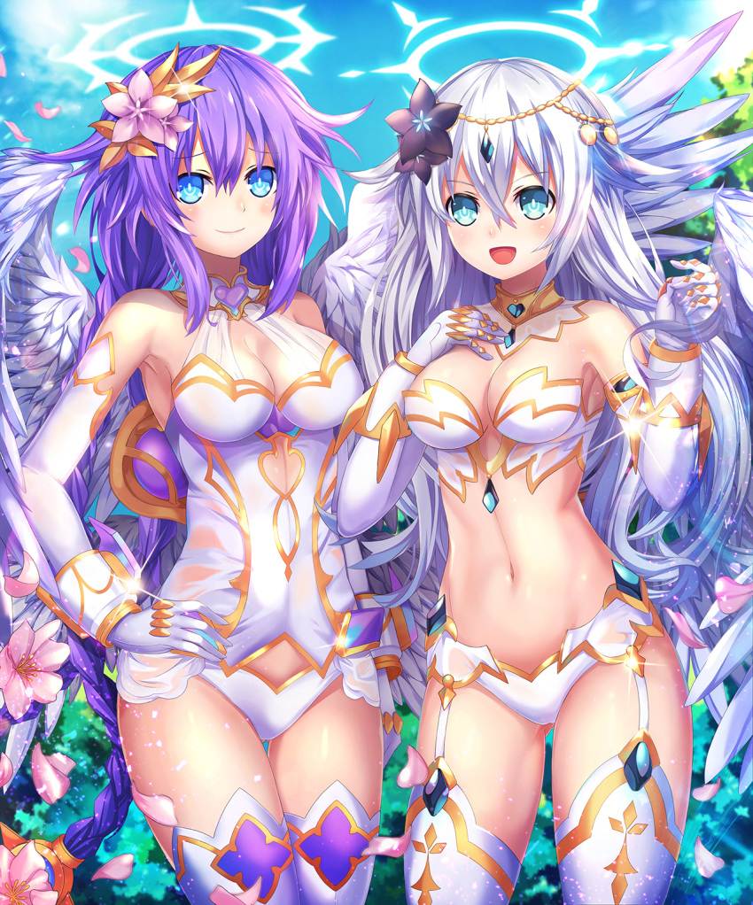 2girls beluga_dolphin black_heart blue_eyes braid breasts commentary elbow_gloves eyebrows_visible_through_hair flower four_goddesses_online:_cyber_dimension_neptune garter_straps gloves hair_between_eyes hair_flower hair_ornament halo hand_on_hip highres long_hair looking_at_viewer medium_breasts multiple_girls neptune_(series) open_mouth outdoors purple_hair purple_heart silver_hair smile symbol-shaped_pupils twin_braids wings