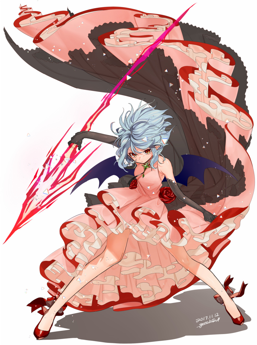 1girl black_gloves blue_hair commentary_request dress elbow_gloves gloves gotoh510 highres holding holding_weapon looking_at_viewer no_hat no_headwear pink_dress red_eyes red_footwear remilia_scarlet sleeveless sleeveless_dress spear_the_gungnir touhou weapon