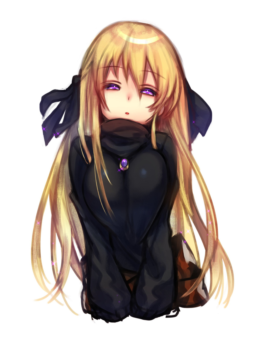 1girl absurdres between_breasts black_ribbon black_sweater blonde_hair blush borrowed_character breasts hair_ribbon highres jewelry large_breasts long_hair long_sleeves looking_at_viewer mozu_1oo original parted_lips pendant ribbon simple_background solo sweater turtleneck turtleneck_sweater upper_body very_long_hair violet_eyes white_background