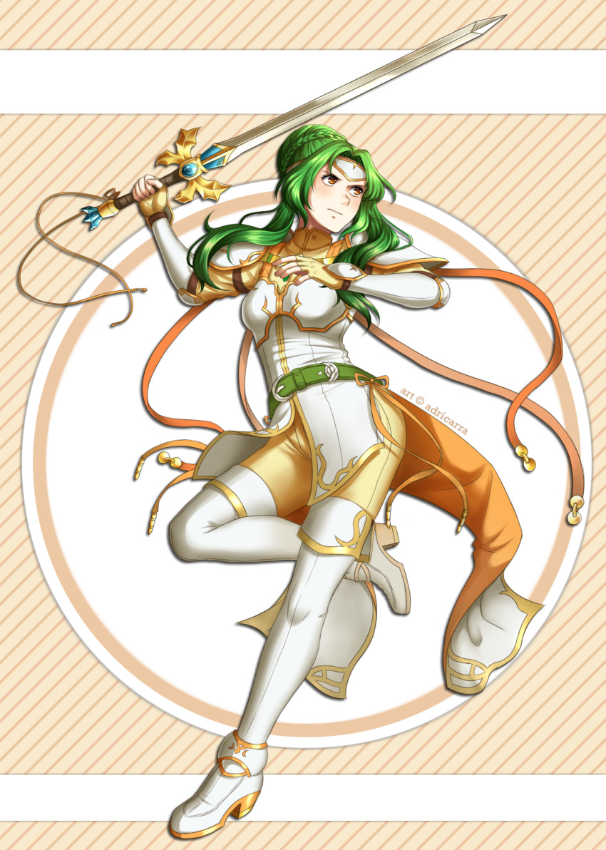 1girl adricarra armor artist_name belt boots braid braided_bun breastplate dress elincia_ridell_crimea fingerless_gloves fire_emblem fire_emblem:_akatsuki_no_megami fire_emblem:_souen_no_kiseki full_body gauntlets gloves green_hair hair_bun headband highres long_hair orange_eyes pants pauldrons pelvic_curtain platform_footwear solo striped striped_background sword thigh-highs thigh_boots weapon white_footwear