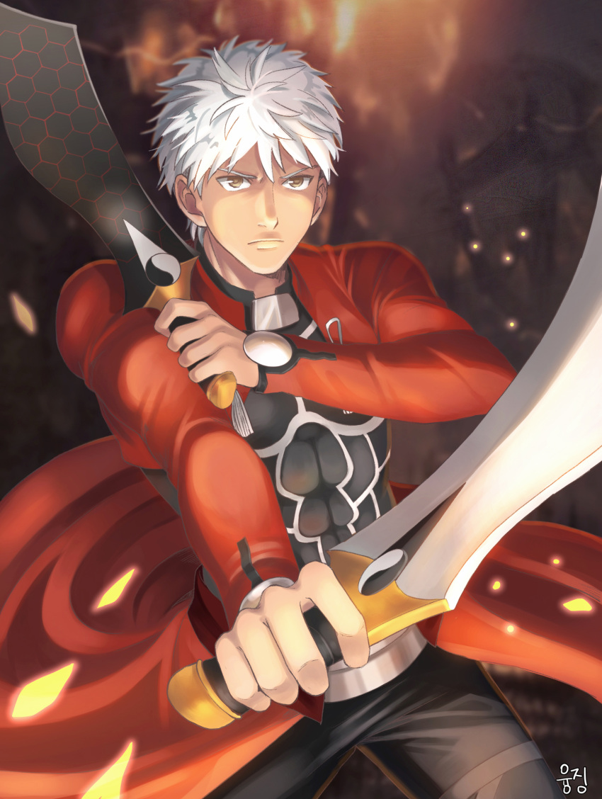 1boy archer dark_skin dark_skinned_male dual_wielding fate/stay_night fate_(series) highres kanshou_&amp;_bakuya male_focus solo_focus sword weapon white_hair