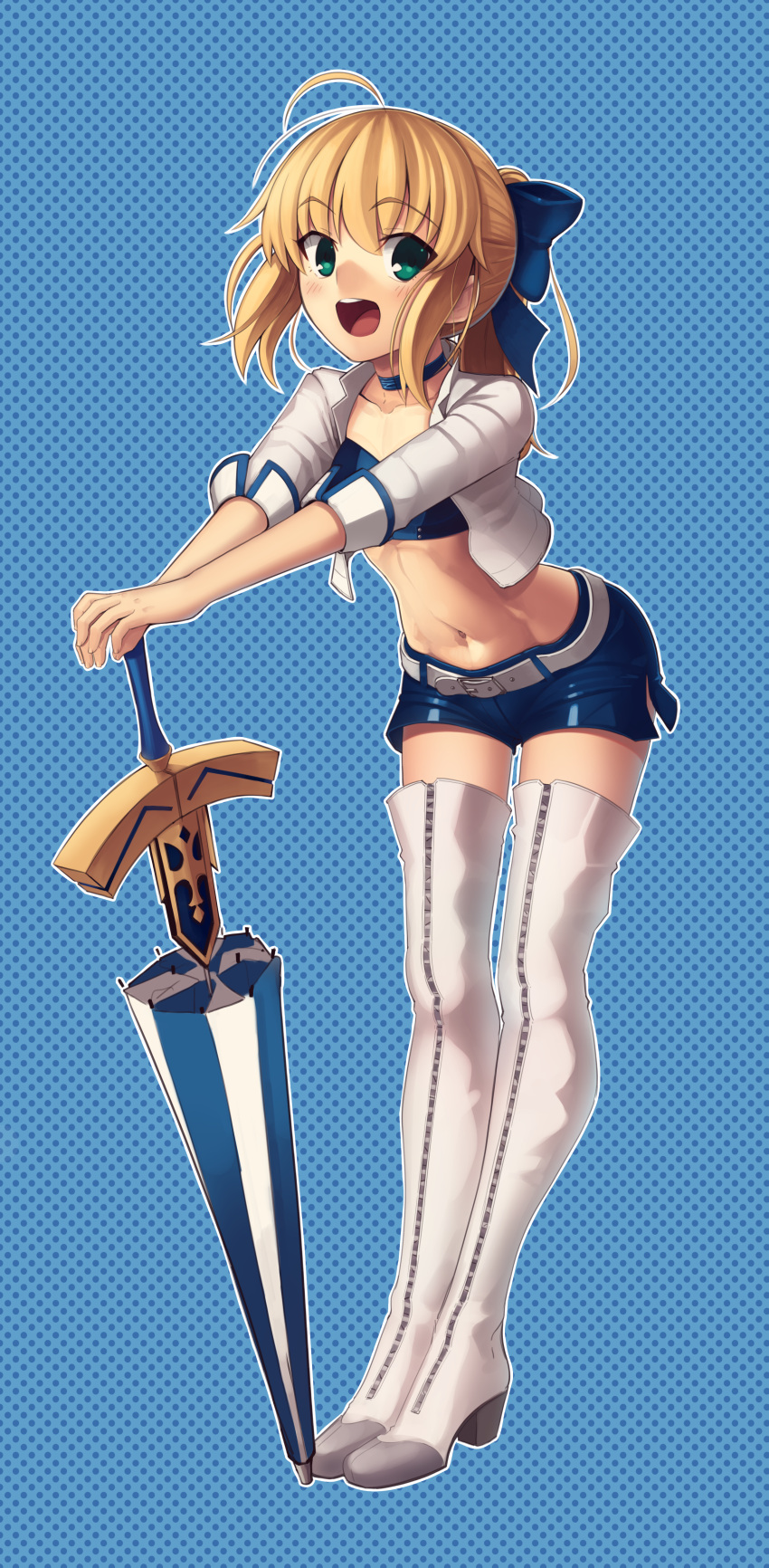 1girl absurdres ahoge artoria_pendragon_(all) blonde_hair blue_background blue_bow blue_skirt boa_(brianoa) boots bow choker cropped_jacket excalibur fate/stay_night fate_(series) flat_chest full_body green_eyes hair_bow highres looking_at_viewer midriff miniskirt open_mouth planted_umbrella polka_dot polka_dot_background ponytail racequeen saber skirt solo standing sword thigh-highs thigh_boots type-moon umbrella weapon white_belt white_footwear