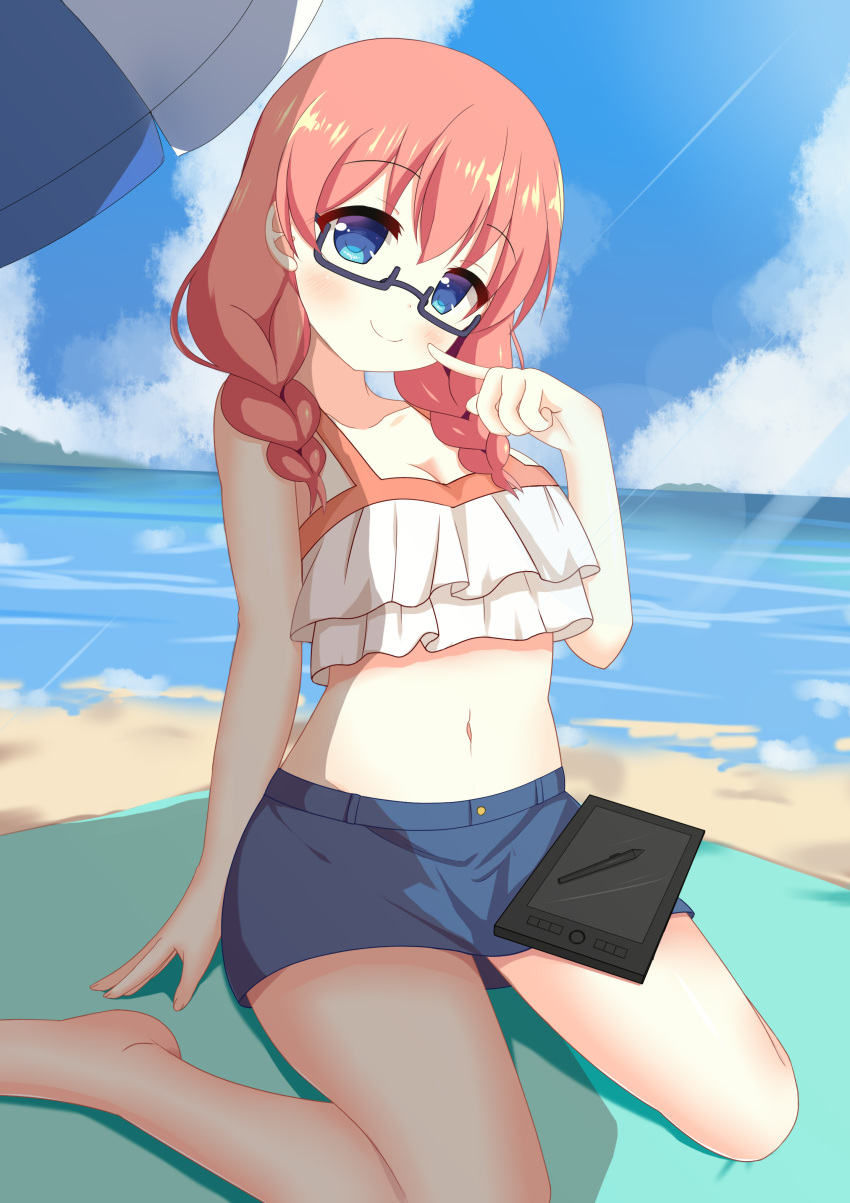 1girl absurdres amano_miu bangs bare_arms bare_shoulders barefoot beach beach_umbrella bikini_top black-framed_eyewear blend_s blue_eyes blue_skirt blue_sky blush braid breasts cleavage closed_mouth clouds cloudy_sky collarbone day eyebrows_visible_through_hair finger_to_cheek frilled_bikini_top glasses hair_between_eyes hair_over_shoulder head_tilt highres looking_at_viewer low_twintails medium_breasts midriff miniskirt navel ocean outdoors redhead sidelocks sitting skirt sky smile solo stylus tablet thighs twin_braids twintails umbrella under-rim_eyewear wariza white_bikini_top xiaosamiao