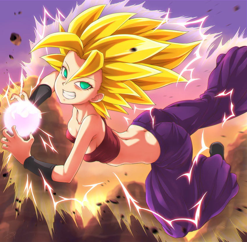 1girl ass aura baggy_pants bangs bare_shoulders blonde_hair breasts butt_crack caulifla chocokin crop_top dragon_ball dragon_ball_super electricity energy_ball floating green_eyes grin highres looking_at_viewer medium_breasts pants parted_bangs purple_pants shiny shiny_hair sky smile solo spiky_hair super_saiyan super_saiyan_2