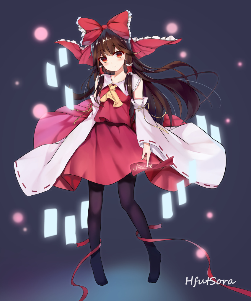 1girl absurdres artist_name ascot bangs bare_shoulders black_legwear bow brown_hair detached_sleeves eyebrows_visible_through_hair floating_hair full_body hair_bow hair_tubes hakurei_reimu hfutsora highres holding long_hair looking_at_viewer miniskirt no_shoes ofuda pantyhose red_bow red_eyes red_skirt ribbon-trimmed_sleeves ribbon_trim skirt skirt_set solo standing touhou vest wide_sleeves