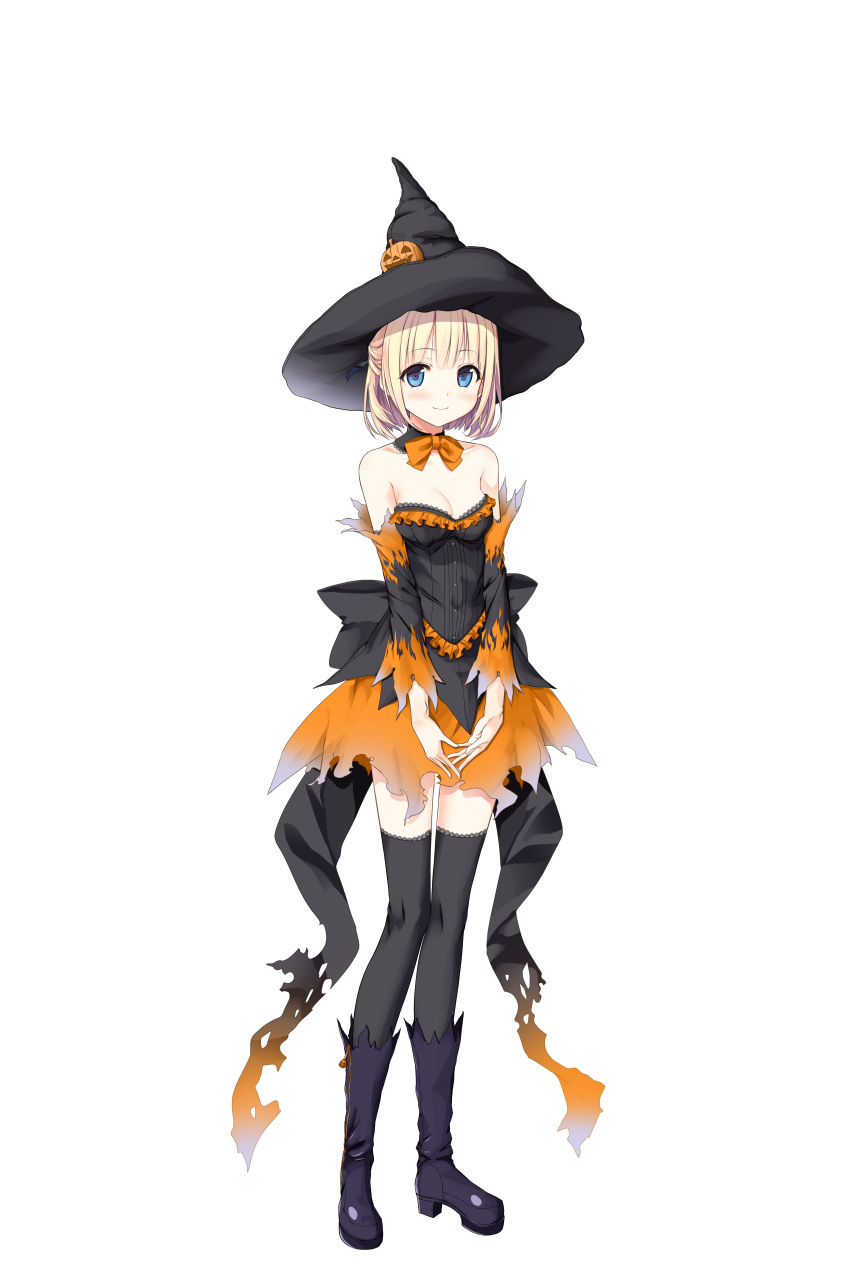 1girl absurdres black_footwear black_hat black_legwear blonde_hair blue_eyes blush bow breasts choker cleavage collarbone cura detached_sleeves eyebrows_visible_through_hair full_body halloween_costume hat highres hinai_paulette looking_at_viewer maitetsu miniskirt orange_bow orange_skirt pumpkin short_hair simple_background skirt small_breasts smile solo standing strapless thigh-highs white_background witch_hat