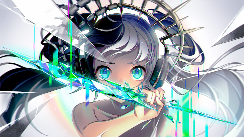 1girl collarbone floating_hair green_eyes hatsune_miku headphones long_hair looking_at_viewer nou solo twintails very_long_hair vocaloid